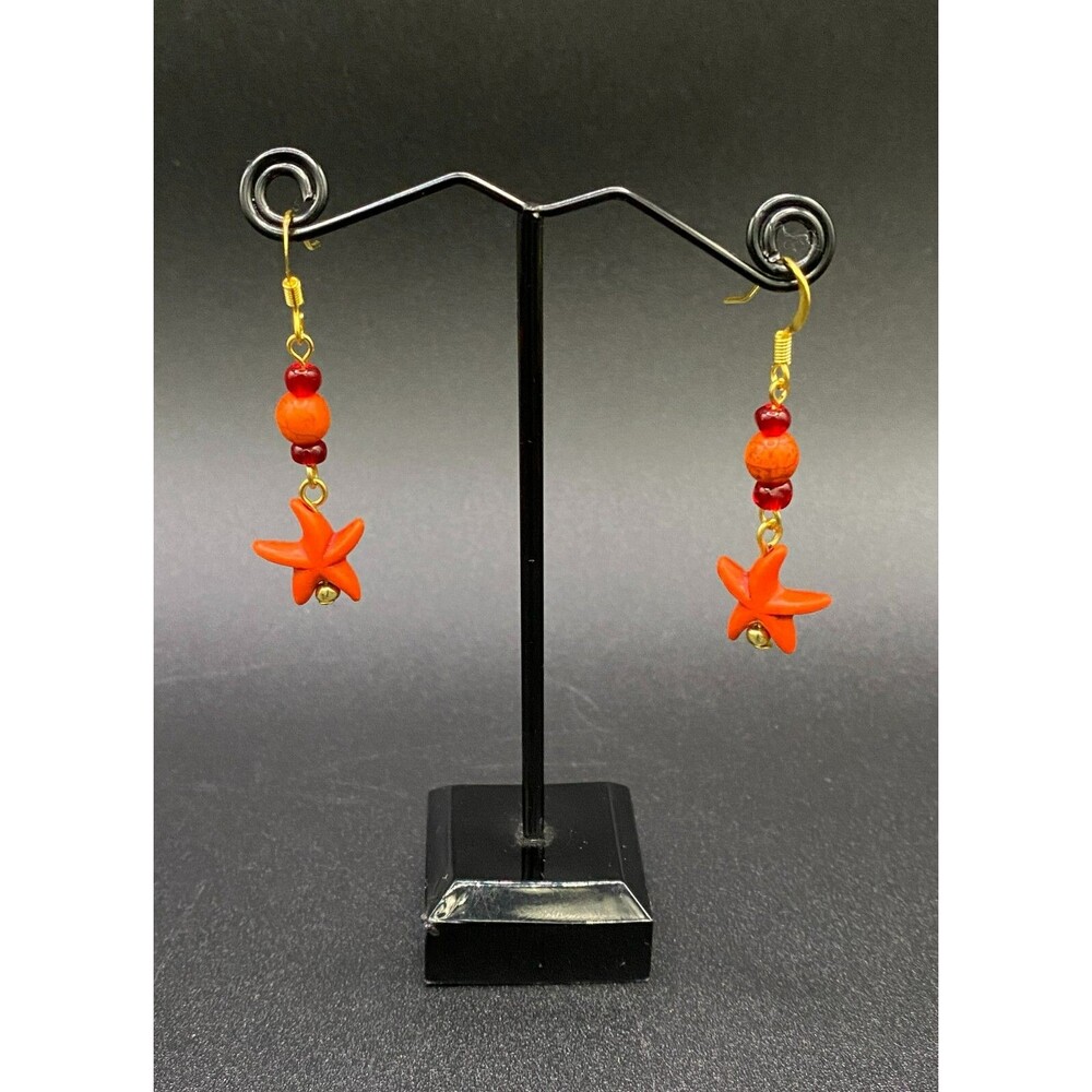 Handmade Orange Starfish with Red Glass & Orange Bead Earrings by Neanie-Bot - Picture 2 of 2